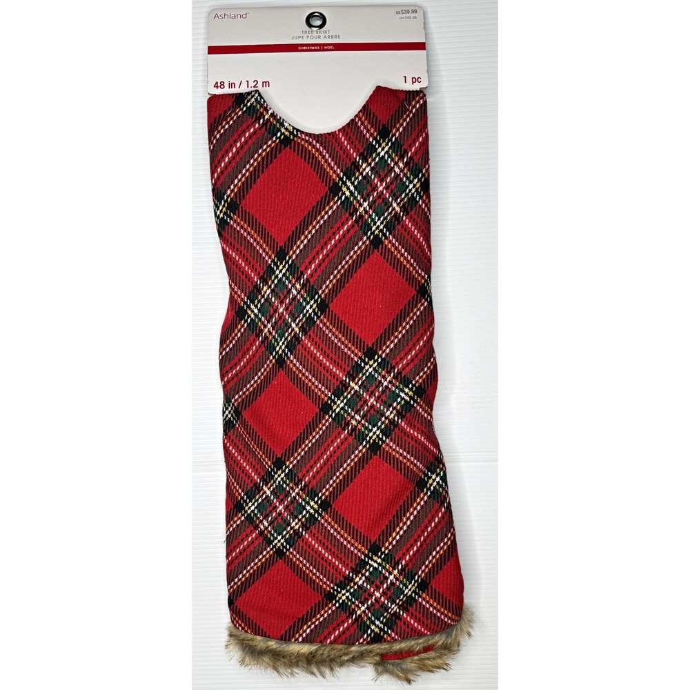 Ashland Christmas Plaid Tree Skirt 48 in Round Red/Green with Faux Fur Trim